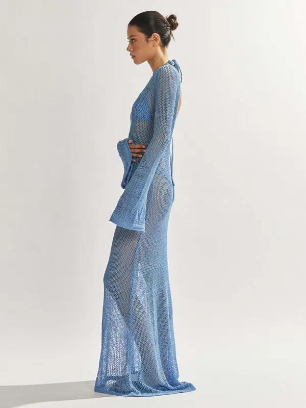 Blue knitted see-through maxi dress, side profile