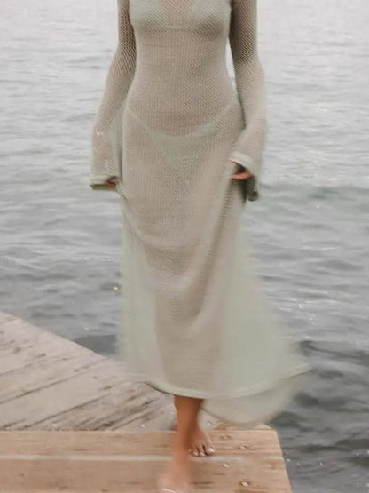 Knitted see-through maxi dress, walking on dock