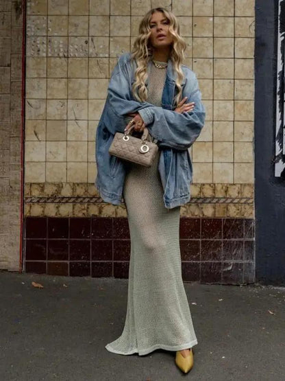 Knitted see-through maxi dress with denim jacket, street style