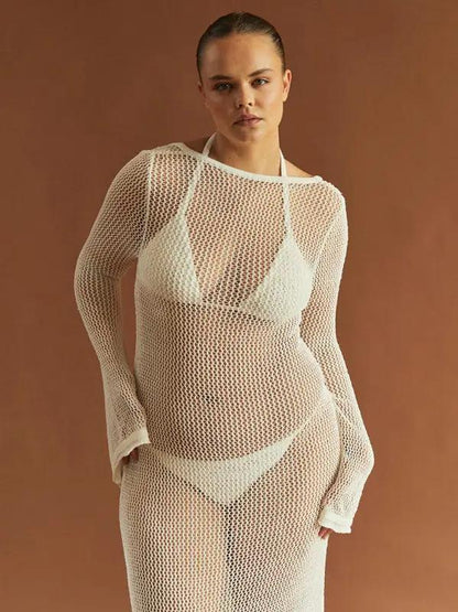 White knitted backless see-through maxi dress, beach setting