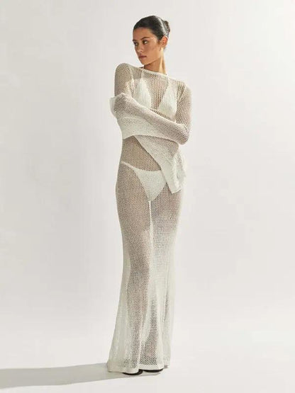 White knitted see-through maxi dress, studio setting