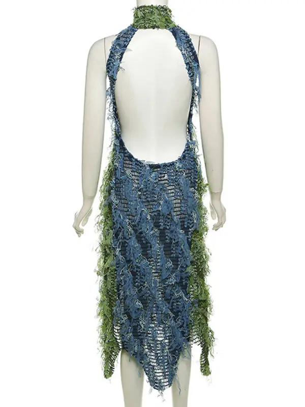 Back view of green and blue tassel see-through dress