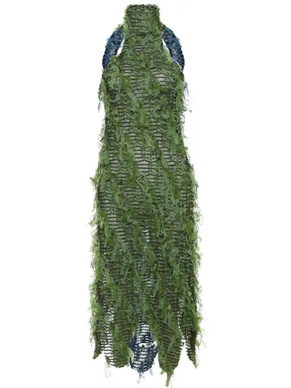 Green tassel see-through high collar dress front view