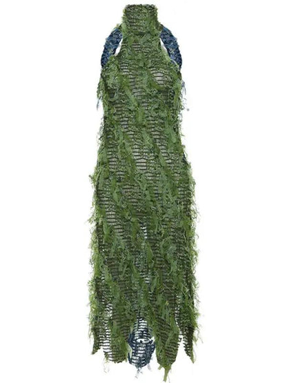 Green tassel see-through high collar dress front view