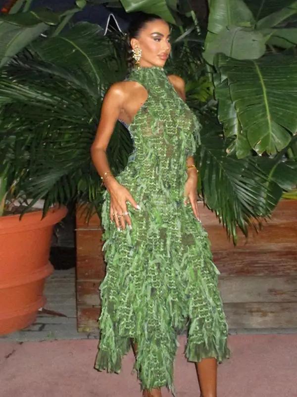Green tassel see-through high collar dress on model