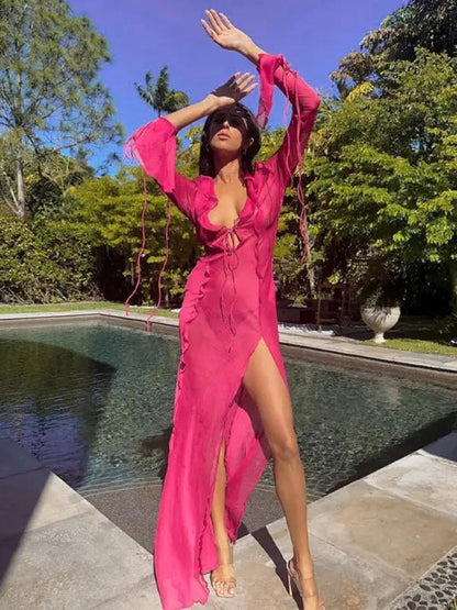 Pink see-through lace V-neck slit dress