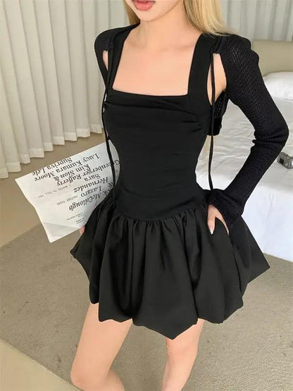 Black sleeveless square neck dress with sleeves