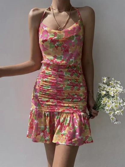 Pink floral print hip strap dress with ruched skirt
