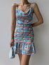 Blue floral print hip strap dress with ruched skirt