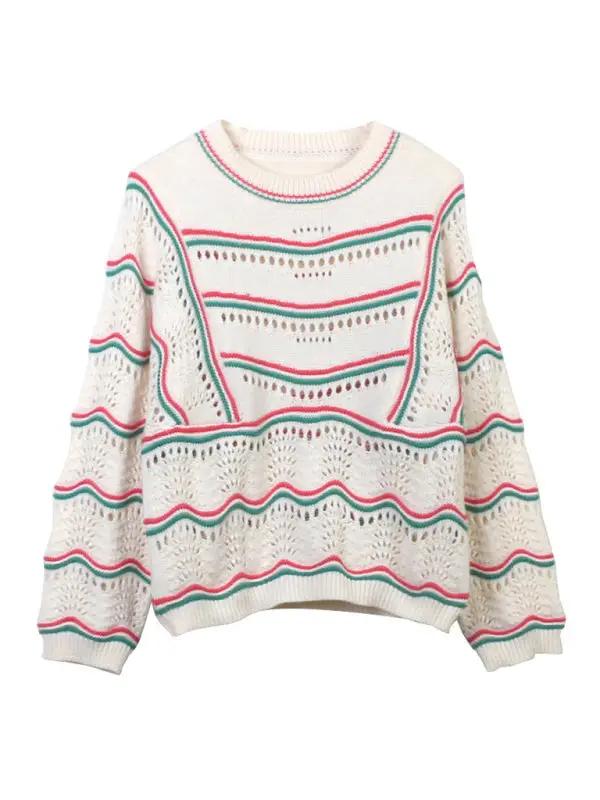 Crocheted hollow sweater top with contrasting stripes