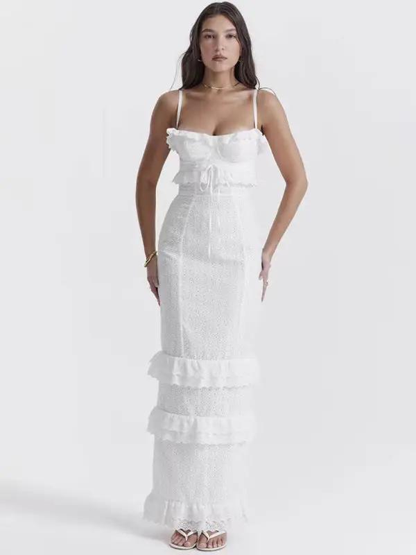 White hook-and-loop suspender long skirt, front view