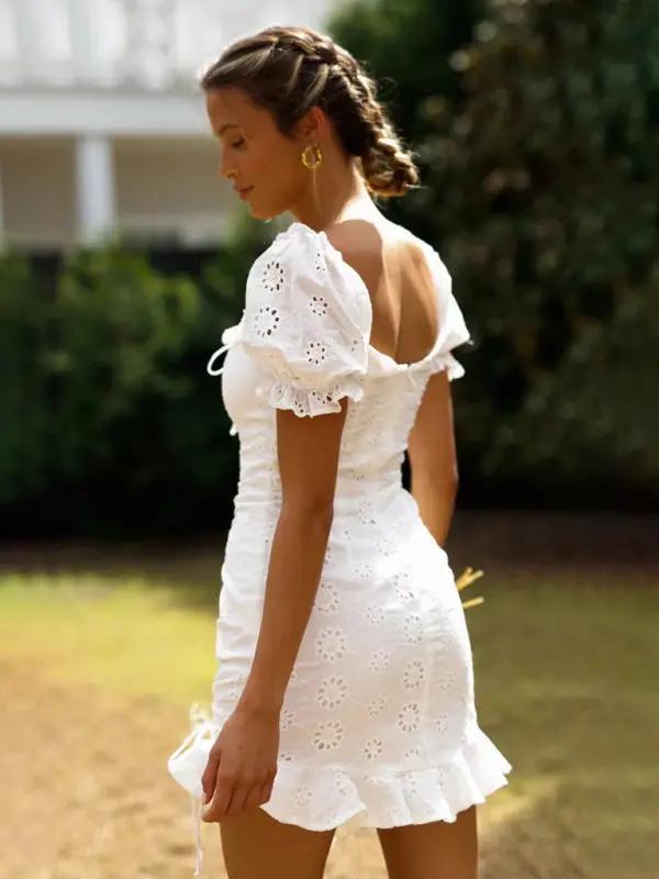 White lace-up pleated V-neck short dress, back view