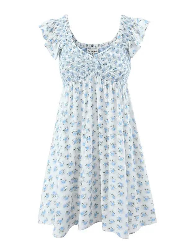 Blue floral dress with flying sleeves and pleated V-neck