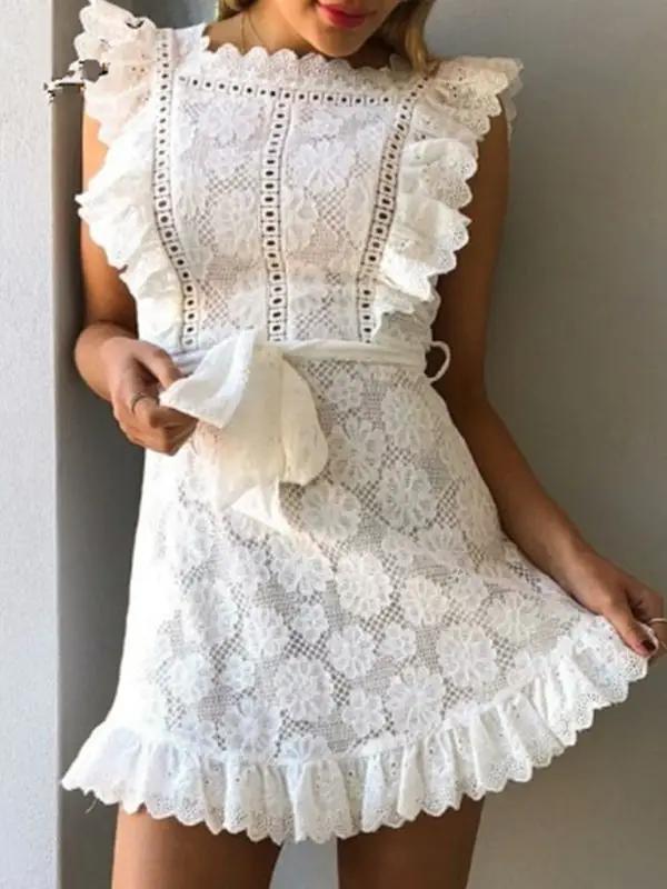 White embroidered lace dress with ruffled sleeves