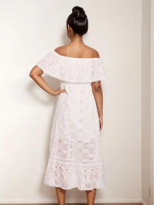 Bohemian lace long white dress, off-shoulder back view