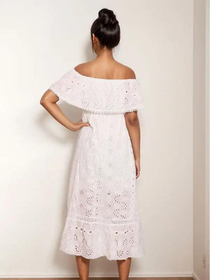 Bohemian lace long white dress, off-shoulder back view