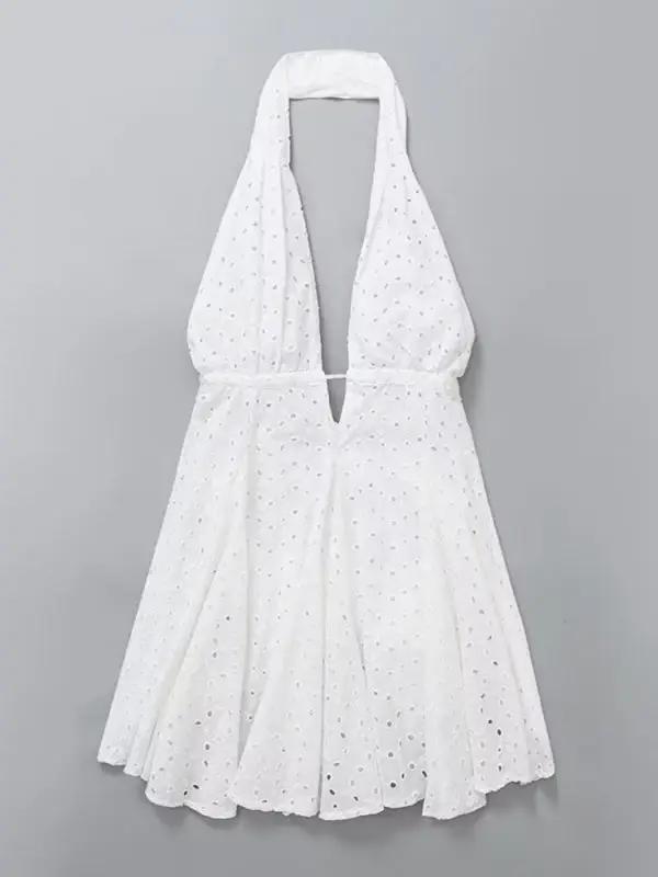 White halterneck V-neck embroidered backless short dress
