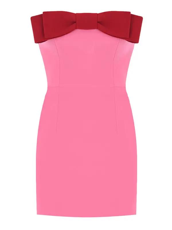 Front view of pink tube top dress with red bow