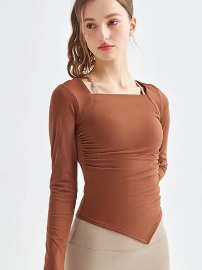 Brown square collar yoga top, front view