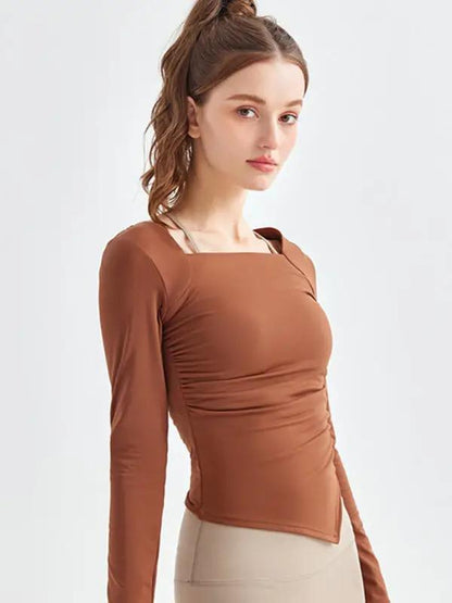 Brown square collar yoga top, side view