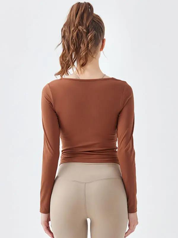 Brown square collar long-sleeved yoga top, back view