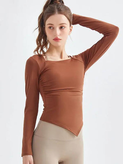 Brown square collar long-sleeved yoga top, front view