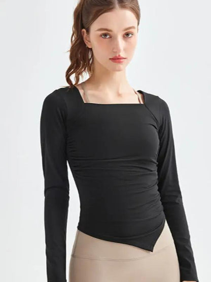Black square collar long-sleeved yoga top, front view