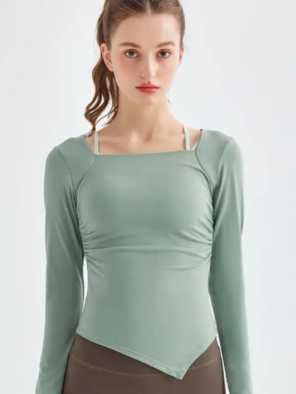 Green square collar yoga top, front view