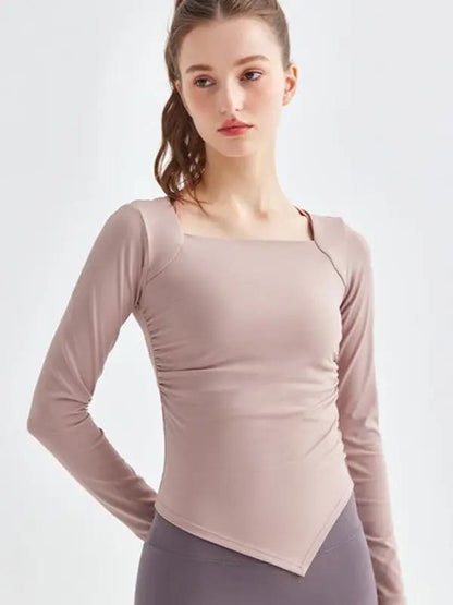 Pink square collar yoga top, front view