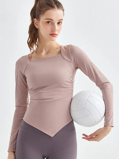 Pink square collar yoga top with volleyball
