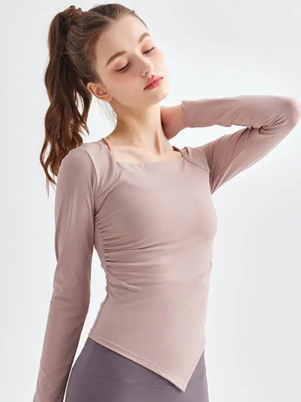 Pink square collar yoga top, side view