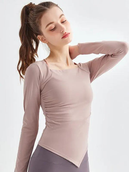 Pink square collar yoga top, side view