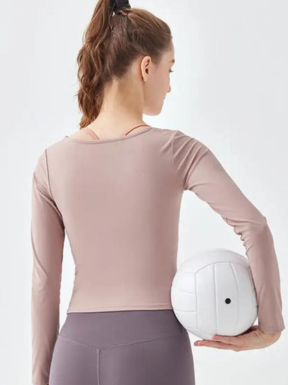 Pink square collar long-sleeved yoga top, back view