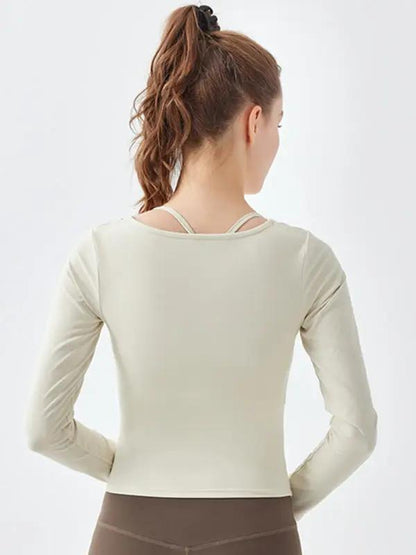 Beige square collar long-sleeved yoga top, back view