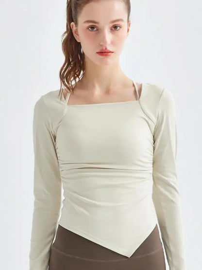 Beige square collar yoga top, front view