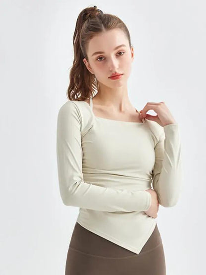 Beige square collar yoga top, front view