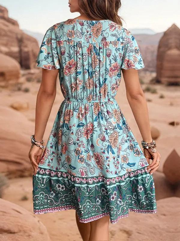 Back view of bohemian floral v-neck dress