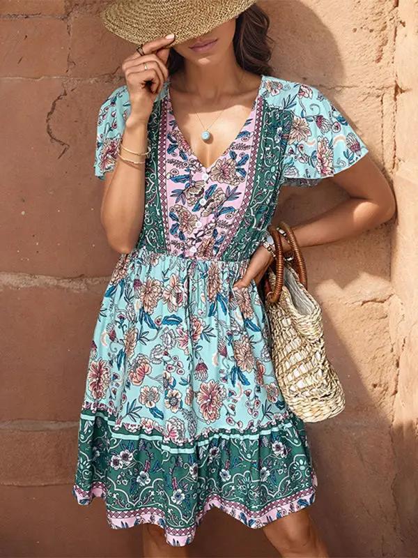 Bohemian v-neck dress with floral pattern