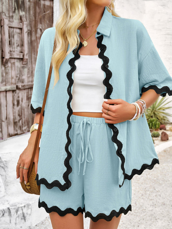 Spring and summer casual solid color lace shirt and shorts suit