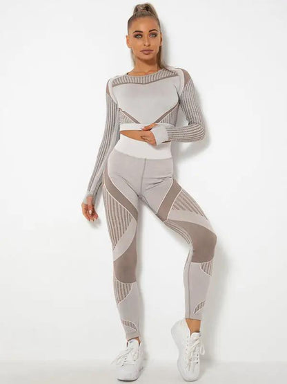 Gray seamless tight striped yoga sportswear set