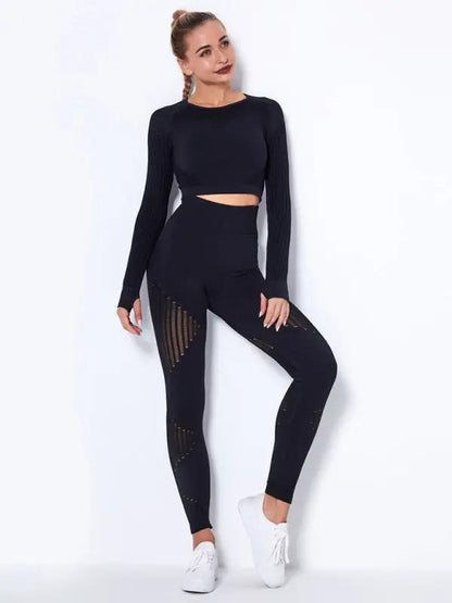Black seamless tight striped yoga sportswear set