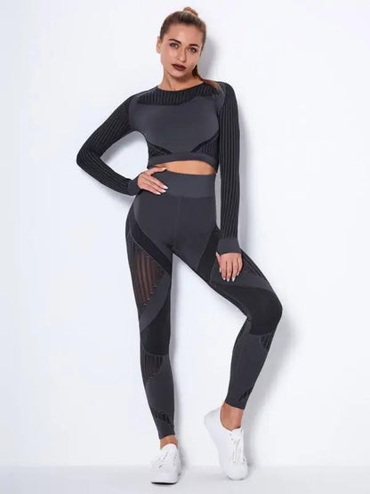 Black seamless tight striped yoga sportswear set