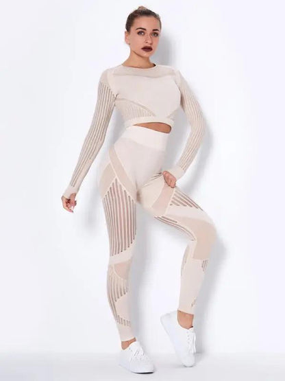 Beige seamless tight striped yoga sportswear set