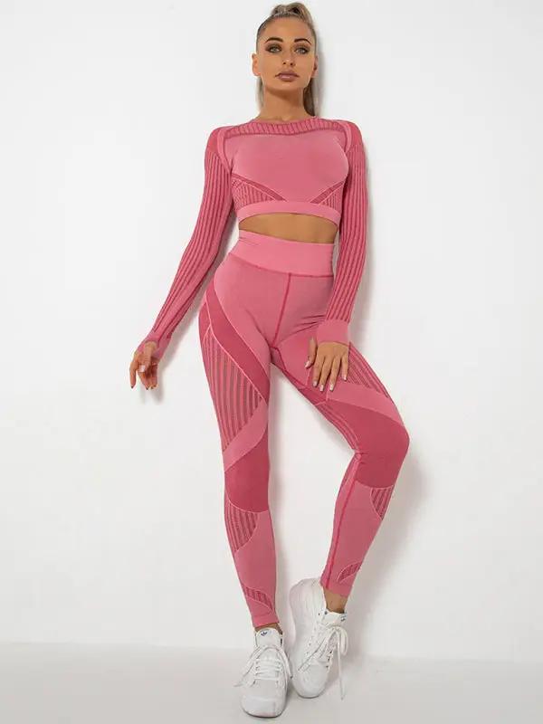 Pink seamless tight striped yoga sportswear set