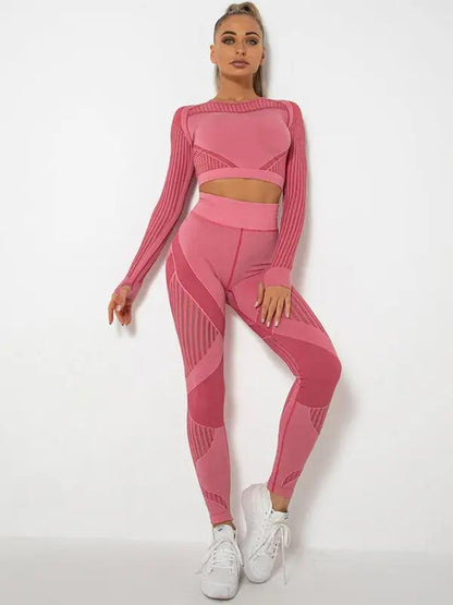 Pink seamless tight striped yoga sportswear set