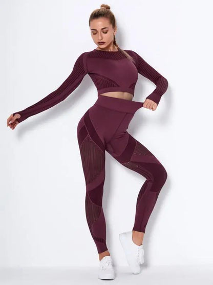 Burgundy seamless tight striped yoga sportswear set