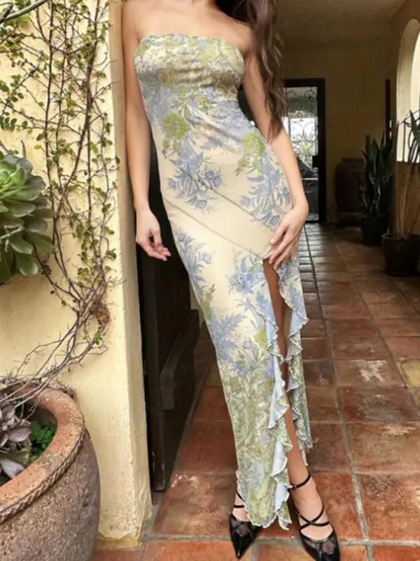 Elegant mesh printed slim fit tube top dress worn