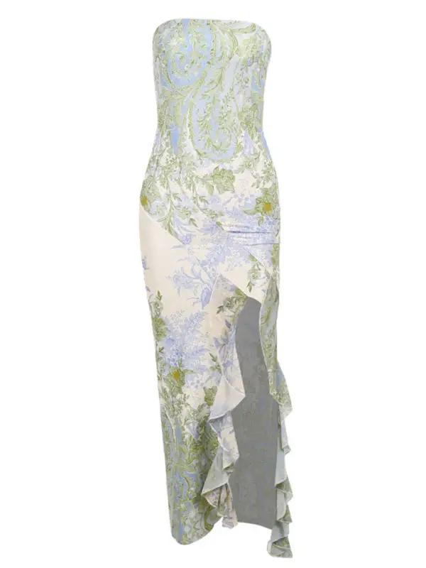 Front view of slim fit tube top dress with ruffle