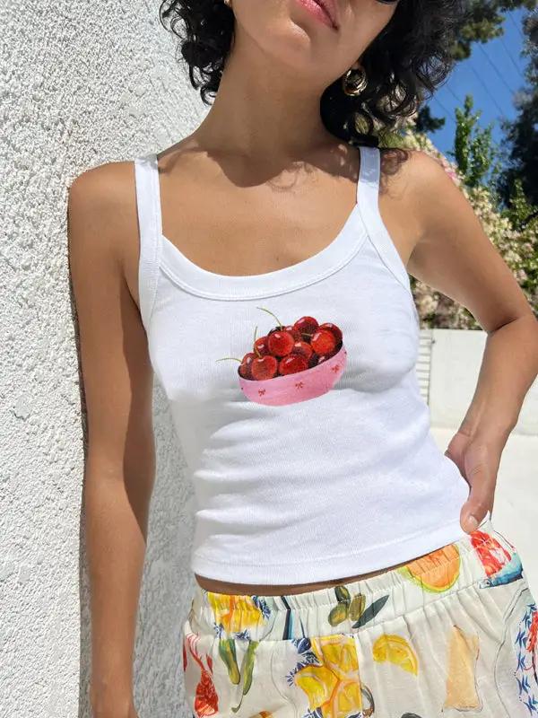 White camisole with cherry bowl print design