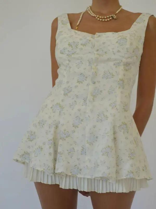 Floral hem pleated suspender dress, front view